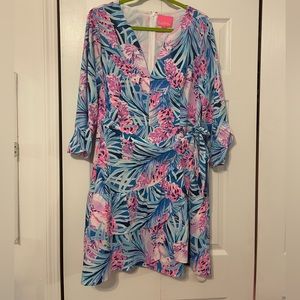 Lilly Pulitzer XL Dress Laeda Stretch Mr Peacock Blue Tweethearts Palm